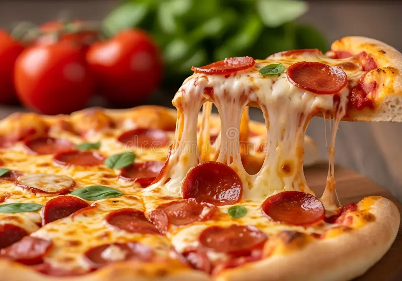 Pepperoni pizza on a wooden board with a slice lifted, melted cheese stretching